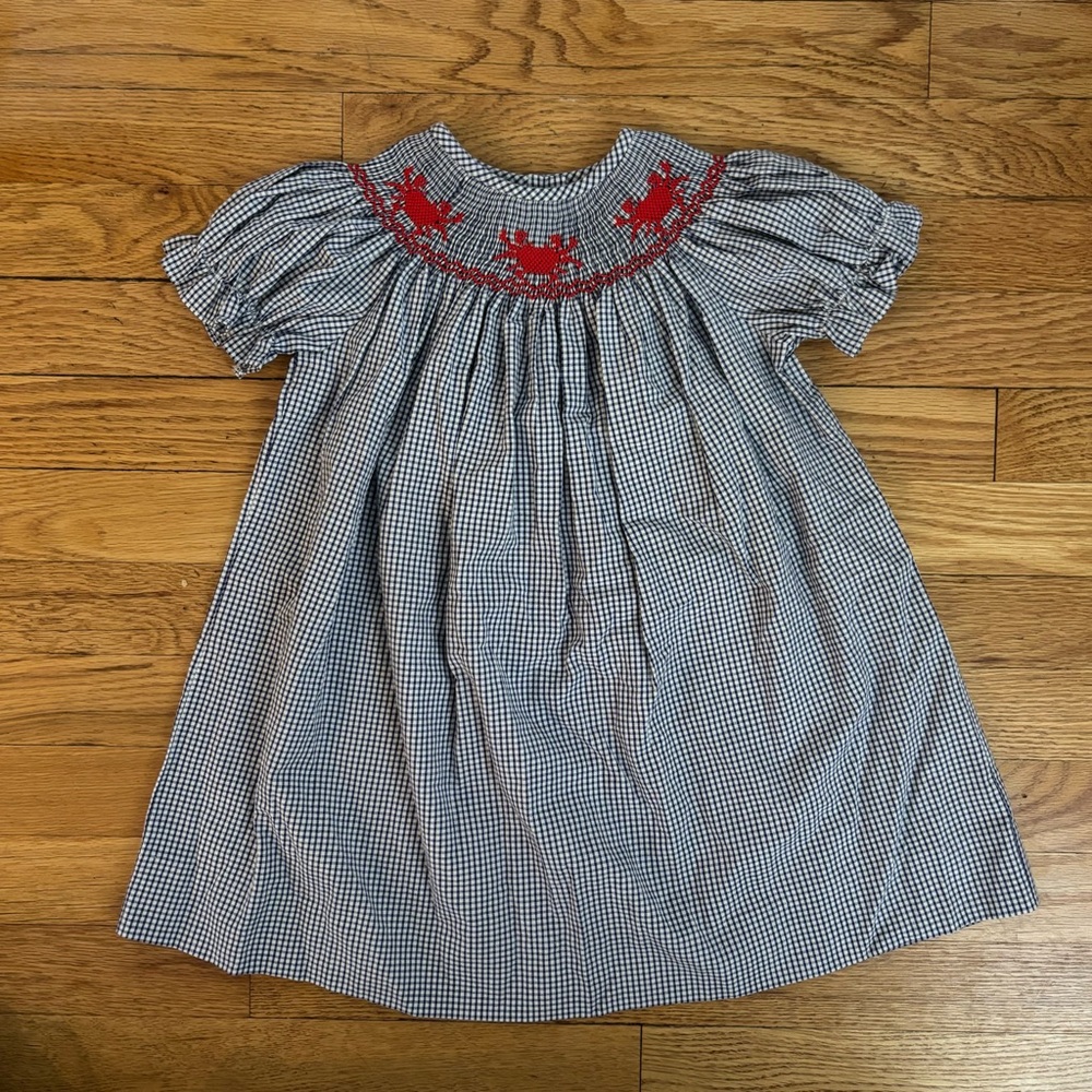 Classic Gingham Kids Dress with Red Crab Embroidery